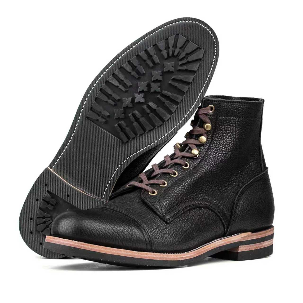 Almond CapToe Logging Boot -luosjiet®boots - Black Tibet Yak Leather
